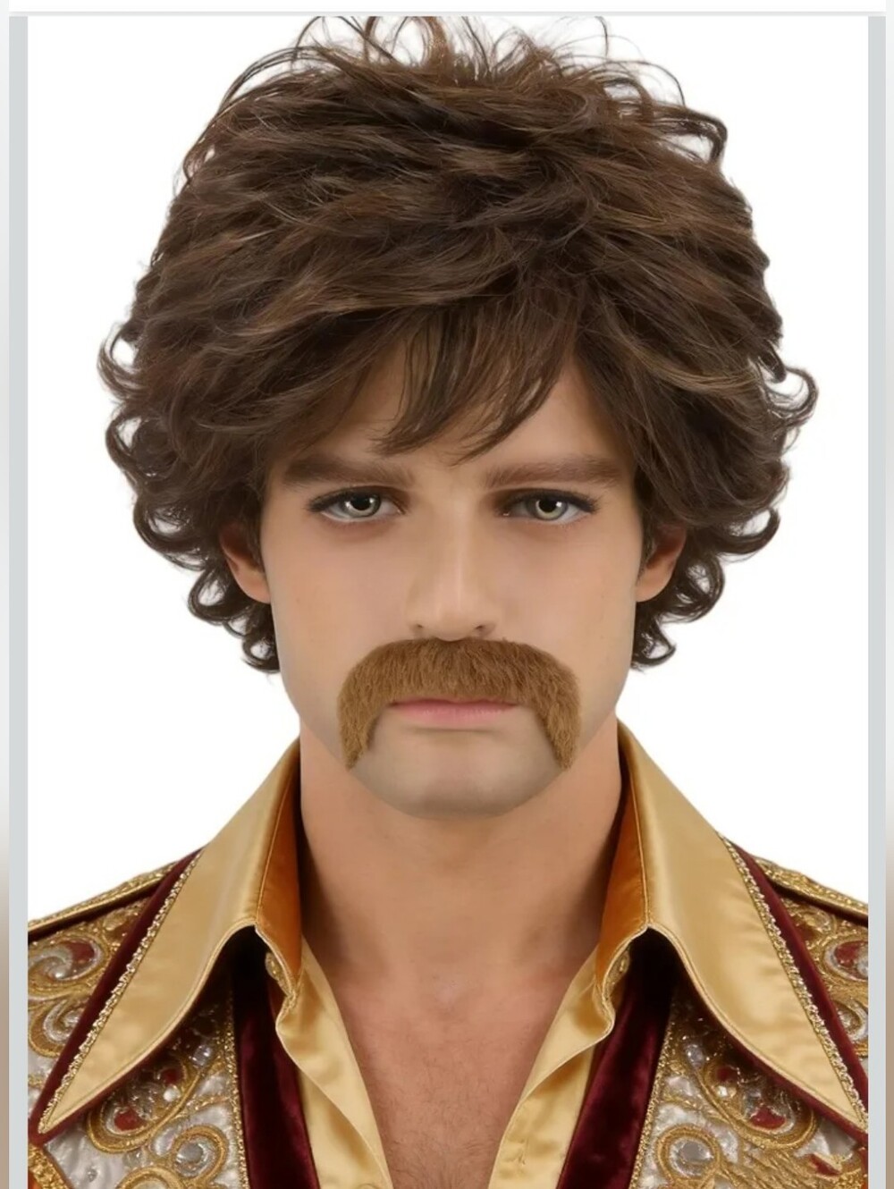70s Men's Wig Set Rockstar Hippie Wig for Men Shaggy Brown Wig w/ Fake Mustache - Picture 2 of 13